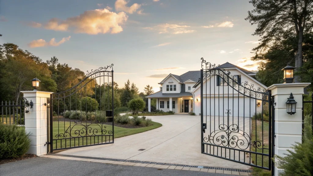 A classic residential wrought iron gate with decorative scrollwork opens to a luxurious home on a bright sunny day.