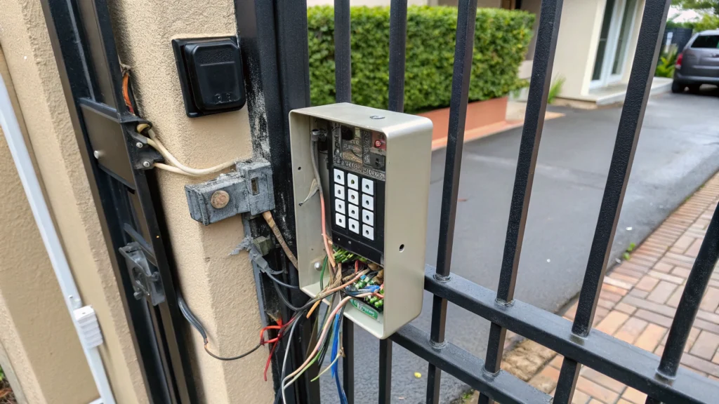 Close-up view of a broken keypad and exposed wiring on a residential driveway gate.