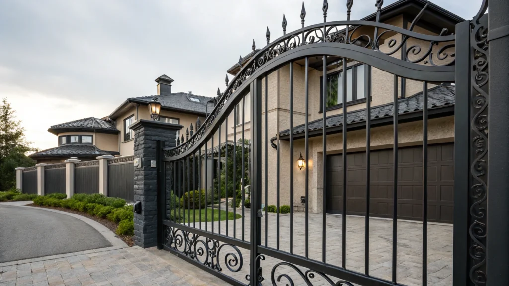A dramatic close-up of a wrought-iron driveway gate with intricate design details and ornate features.