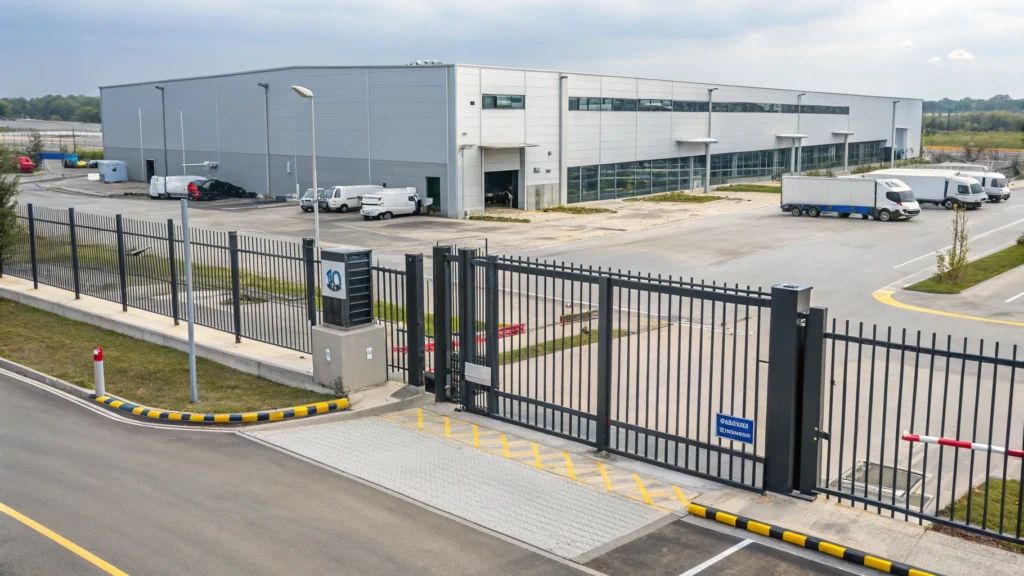 A high-security commercial property with an automatic sliding gate and parking area.