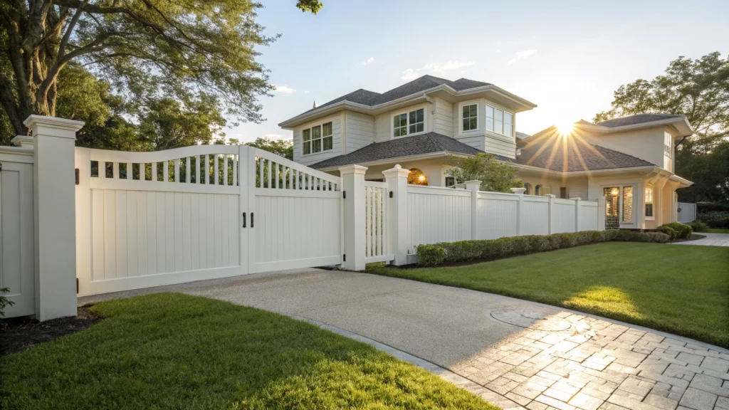 A tranquil suburban home with a white vinyl residential driveway gate in the evening light.
