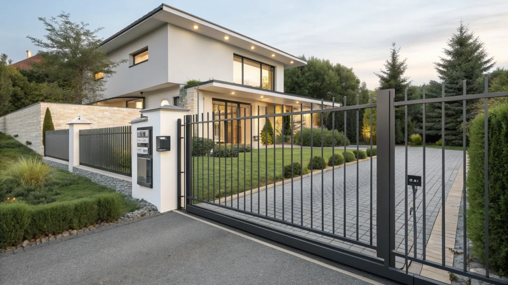 A side-angle view of a modern residential sliding gate made of wrought iron with sleek lines and a minimalist design.