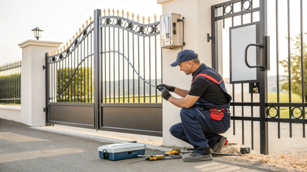 Technician performing routine maintenance on a residential automatic gate, adjusting components with tools.
