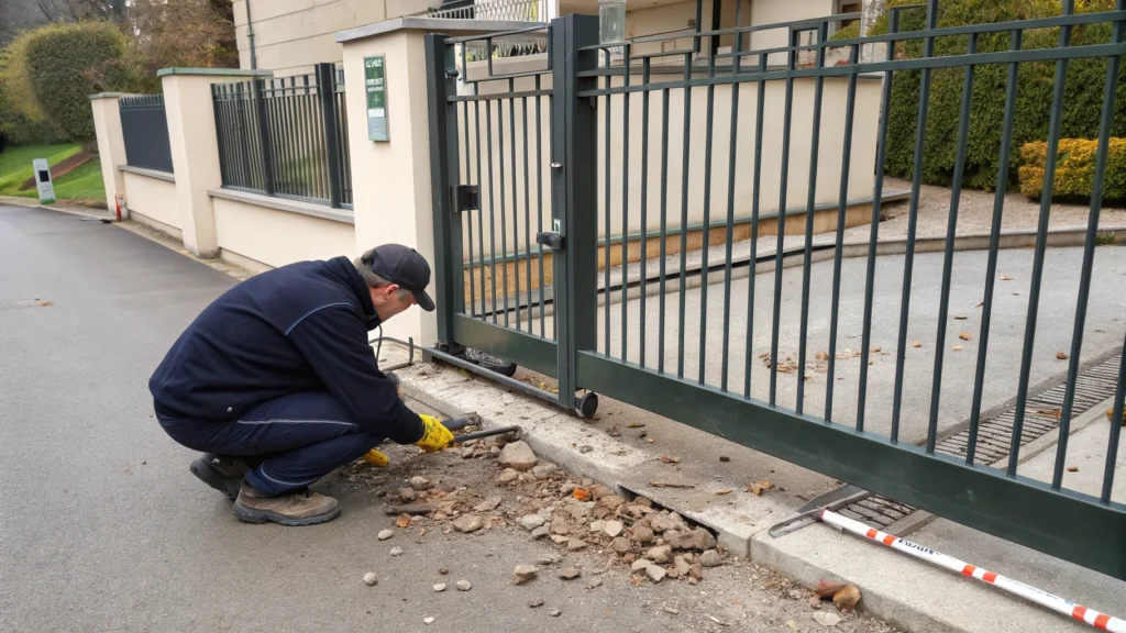 Technician removing debris buildup under a sliding gate, performing maintenance.