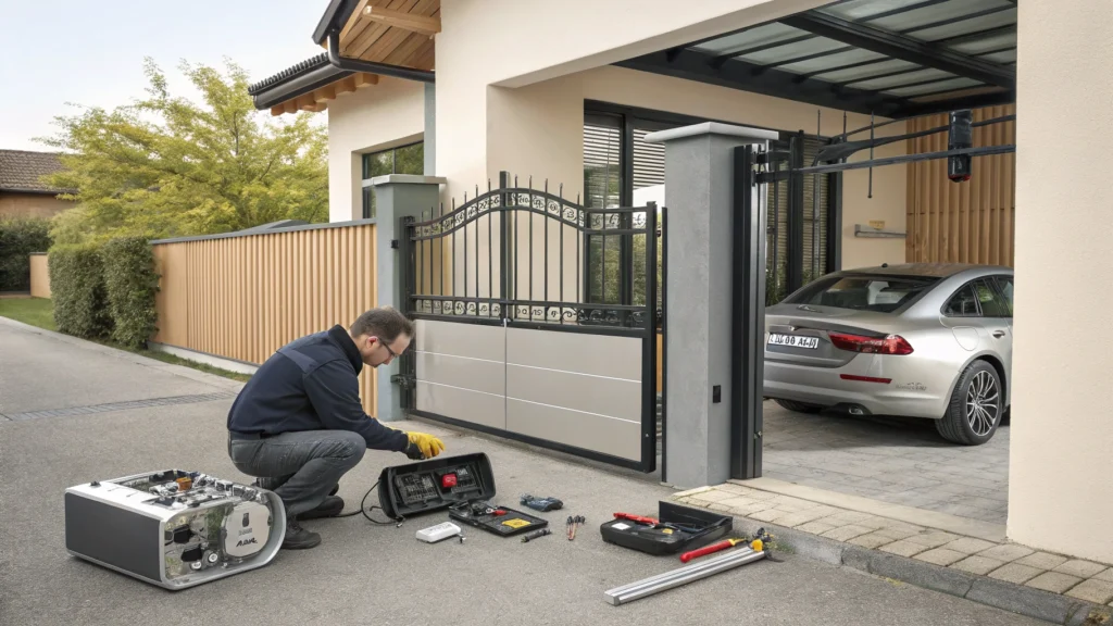 Technician working on the motorized system of a residential driveway gate.
