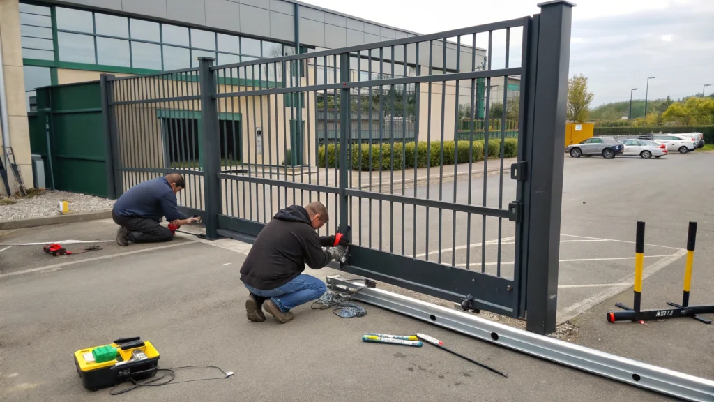 Technicians installing a Swing Gate system at a commercial site for enhanced security.
