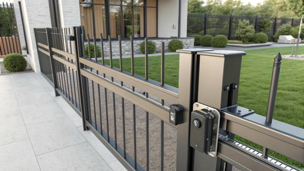 A durable and sleek metal sliding gate with a secure locking system and detailed design.