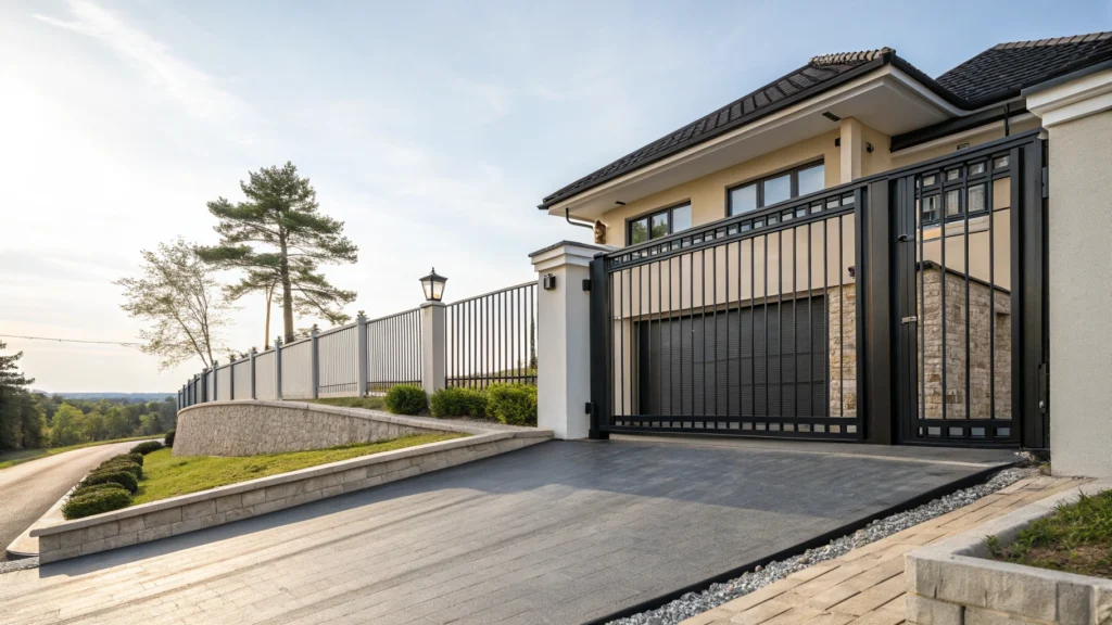 A low-angle view of a sliding electric driveway gate with a sleek design and stonework surrounding.