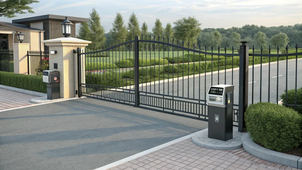A commercial swing gate with a modern access control system and well-maintained landscaping at a facility entrance.