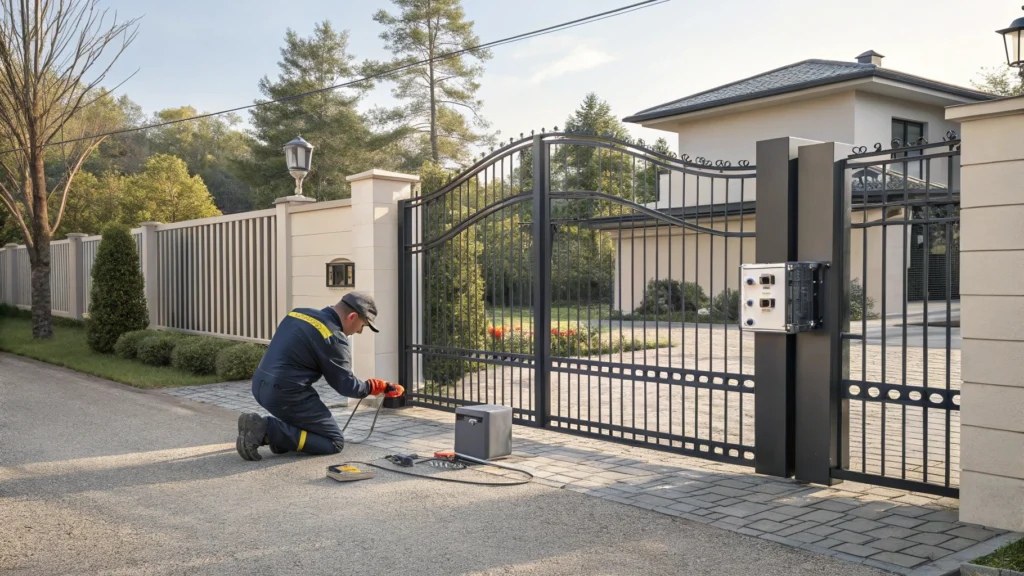 A technician performs maintenance on a residential automatic driveway gate, with tools and equipment visible.