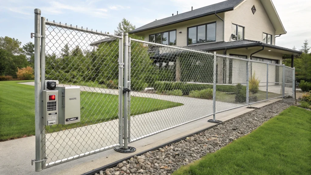 A chain link sliding gate with a security panel and intercom system.