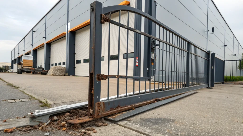 A close-up view showing a commercial sliding gate with noticeable rust damage.