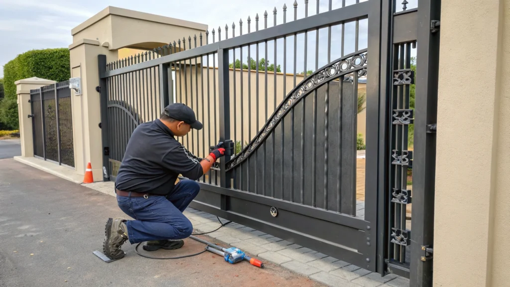 A technician working on the mechanism of an automatic gate to ensure its proper function.