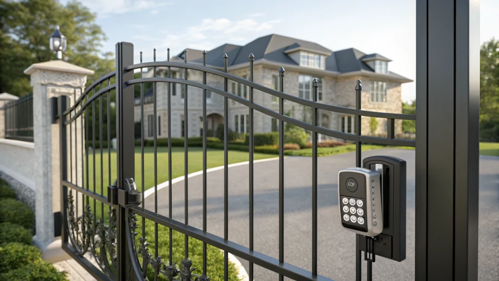 A close-up view of a metal electric swing driveway gate with a keypad access control system.
