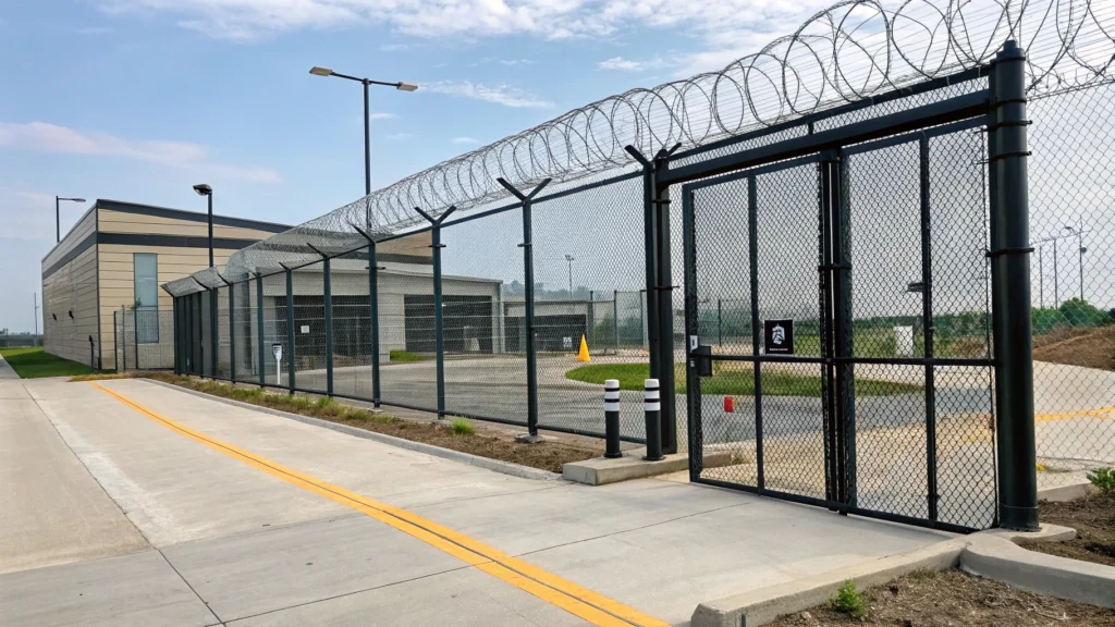 A heavy-duty driveway security gate with barbed wire at a commercial facility entrance.