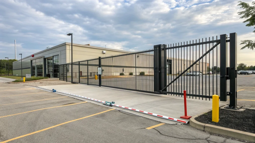 A wide-angle view of a commercial sliding gate, offering secure access to a business facility.