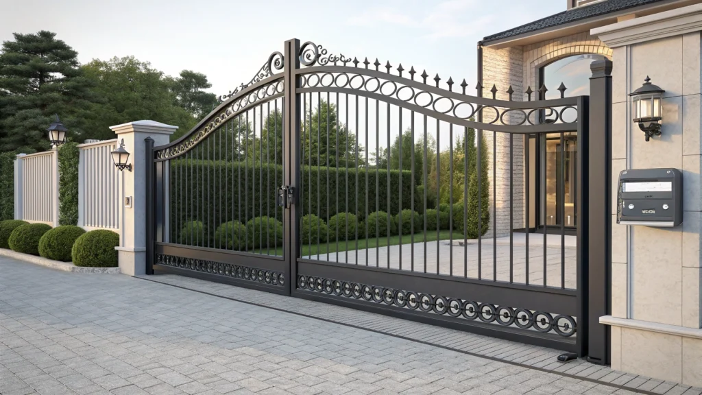 A sleek, black metal sliding gate with an elegant, curved design at a modern home.