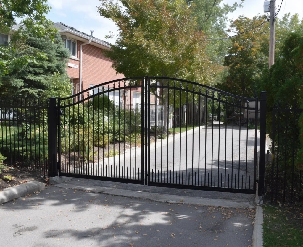 A pair of black metal gates with decorative ironwork, leading to a residential property.