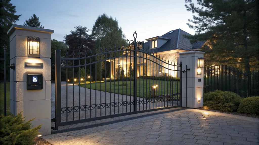 A well-lit driveway with electric driveway gates providing secure access to a residential property.