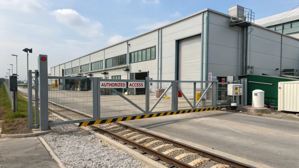 A commercial slide gate with a bold "AUTHORIZED ACCESS" sign, providing controlled access to a secured facility.