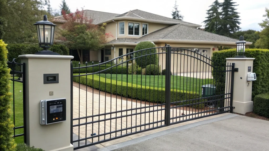 A beautiful residential electric driveway gate with elegant columns and a neatly manicured lawn.