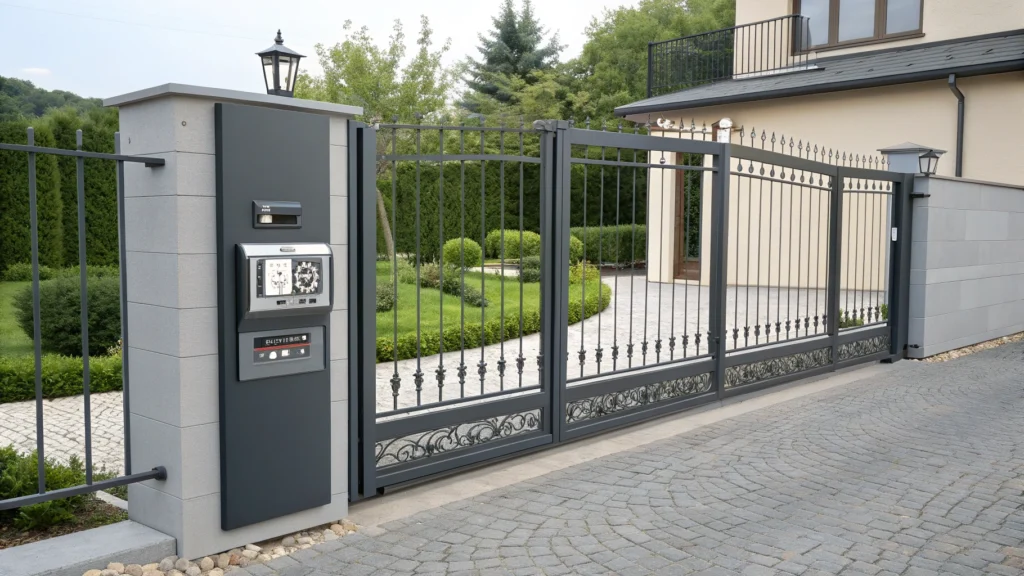A residential sliding gate with an access control panel, intercom, and security features.