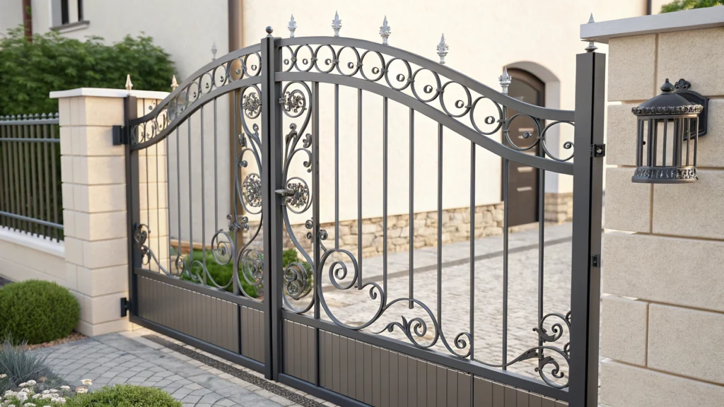 A beautifully designed metal swing gate with intricate patterns and decorative elements.