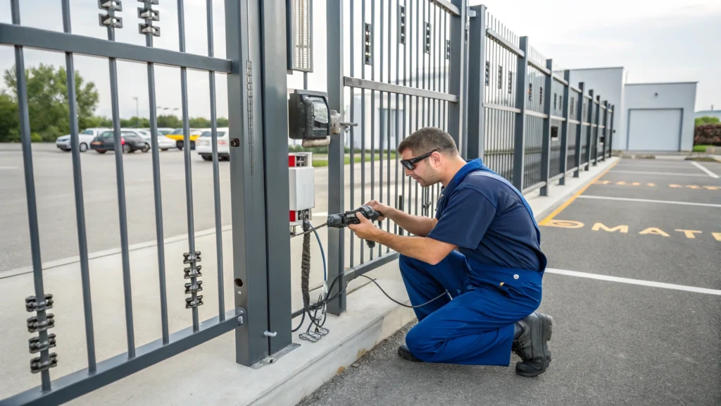 A technician works on maintaining a commercial security gate, using a drill for the task.