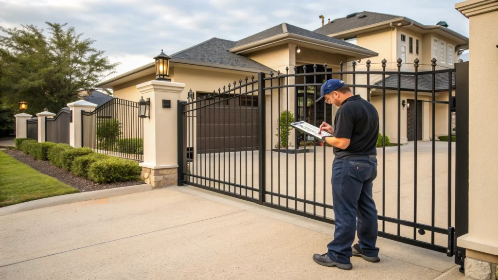 A technician evaluating the condition of a residential gate while taking notes.