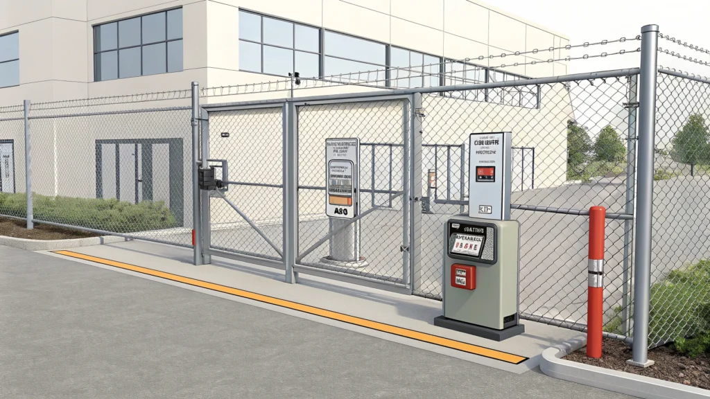 A commercial sliding gate with access control, barcode reader, and safety bollards.