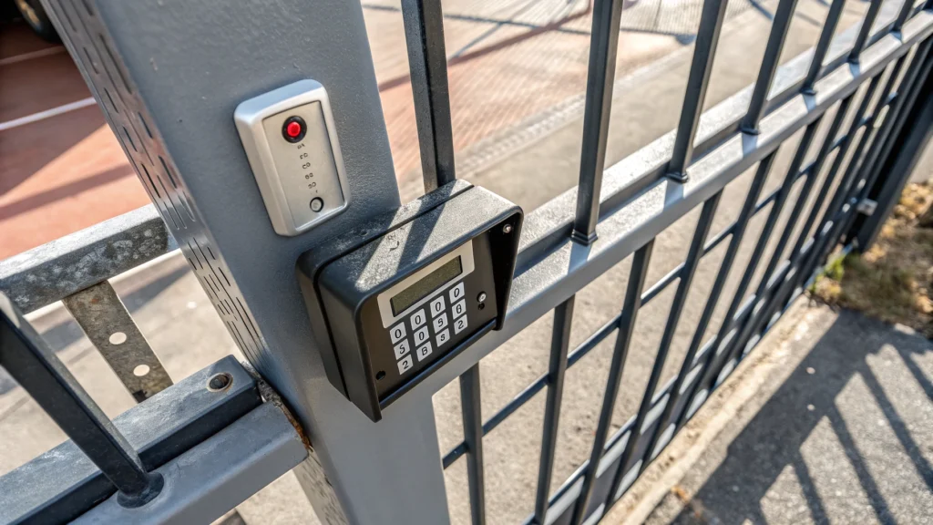 A close-up view of a commercial gate's safety sensor and access keypad.