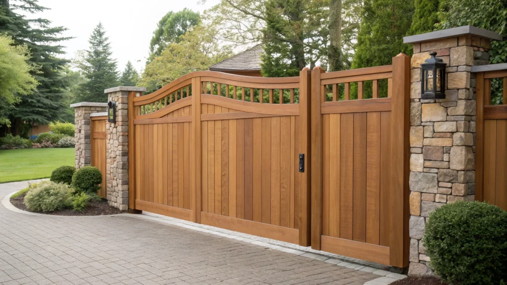 A close-up of a wooden driveway gate with a curved top, framed by stone columns and a lantern.