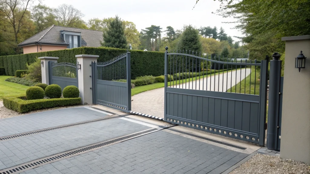 A pair of modern metal driveway gates, featuring a sleek design with decorative details, perfect for Commercial Sliding Gates.
