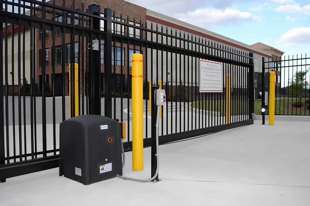 A commercial sliding gate with an operator and safety equipment.