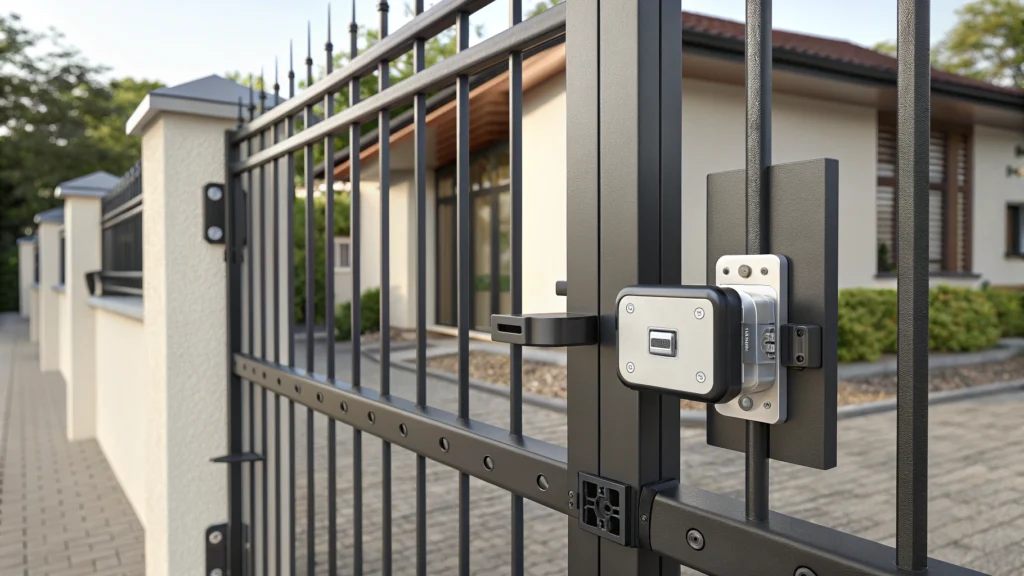 A close-up view of a reinforced locking mechanism installed on a metal gate for enhanced security.