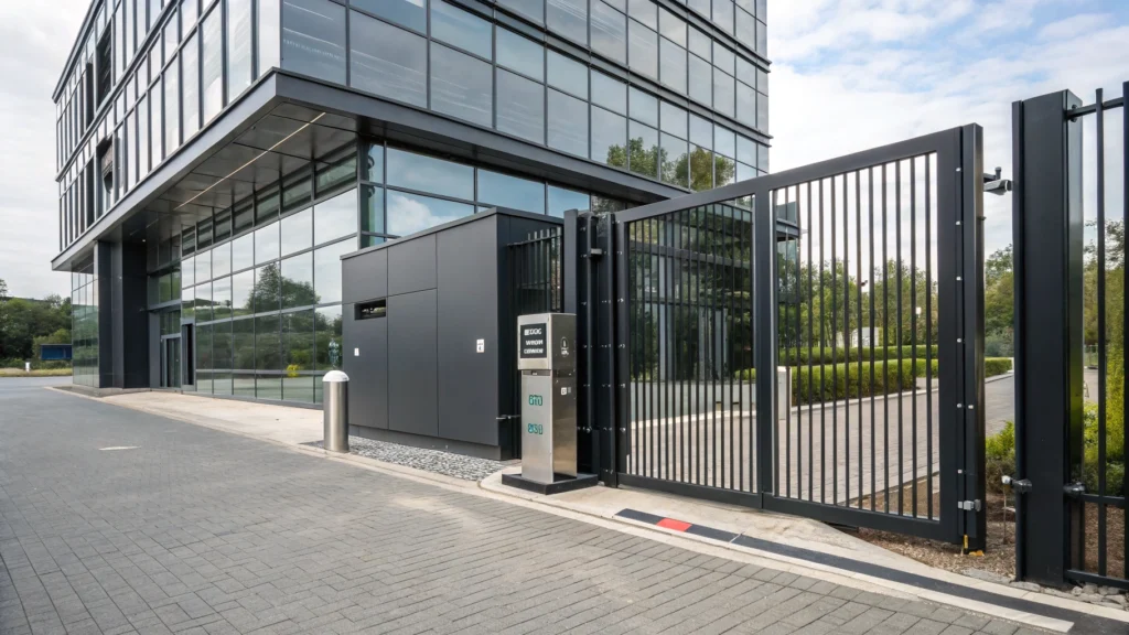 A commercial electric driveway gate with a sleek design and an access control system at the entrance of a modern facility.