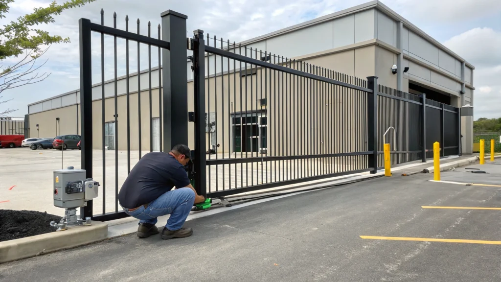 A technician installs a sliding commercial gate operator at a high-security property with yellow bollards in the foreground.