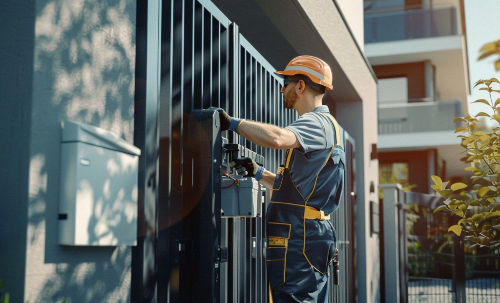 A technician working on a gate to ensure proper functioning as part of the Commercial Gate Maintenance service.
