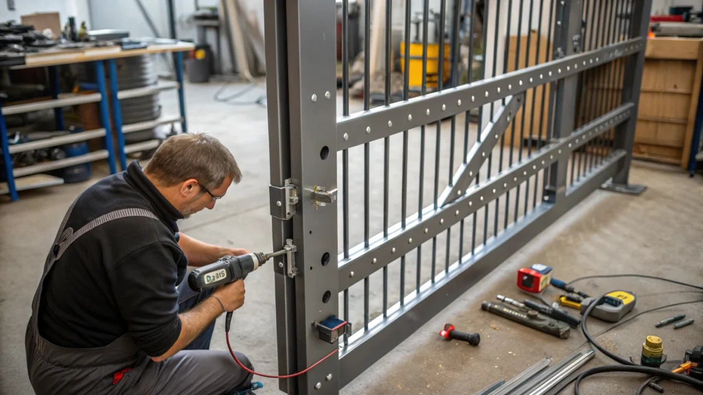 A technician works on assembling or repairing a metal gate with tools in a workshop.