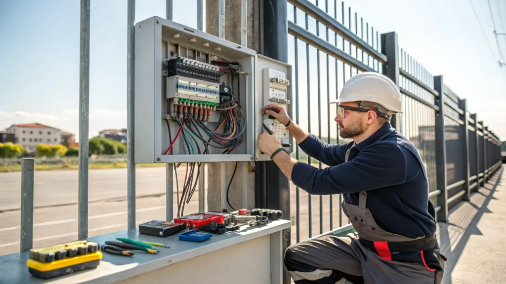 A technician working on the electrical control board of a gate, adjusting wires.