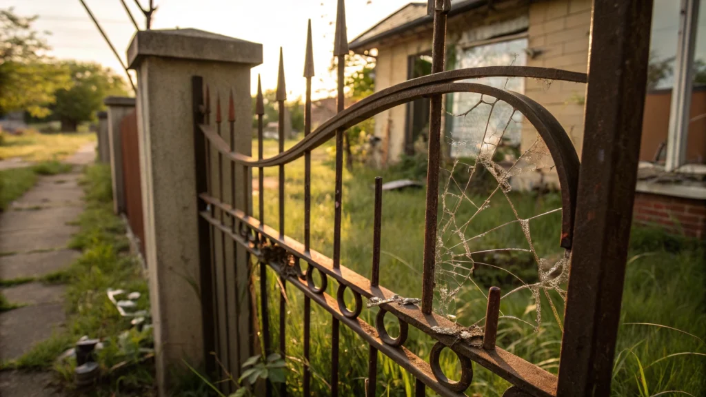 A close-up of a rusted metal gate with bent pickets and a spider web.