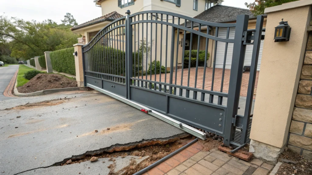 A close-up of a stuck metal gate with a cracked pavement and visible mechanical failure.