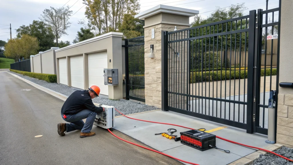 Technician working on the control panel of an automated commercial driveway gate.