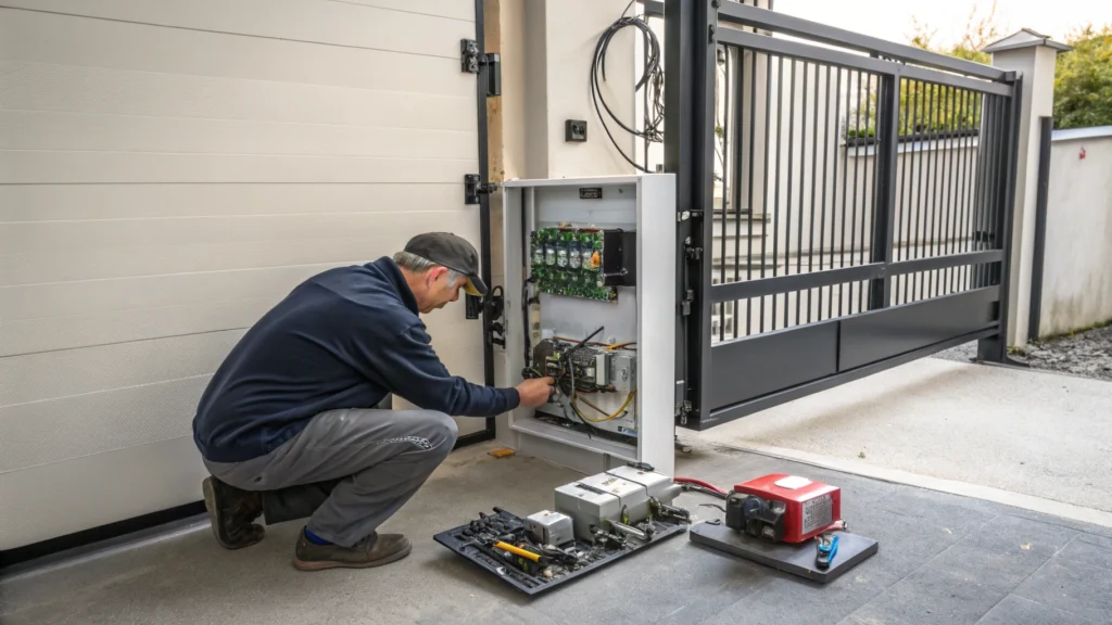A technician working on the electrical components of an automatic gate opener.