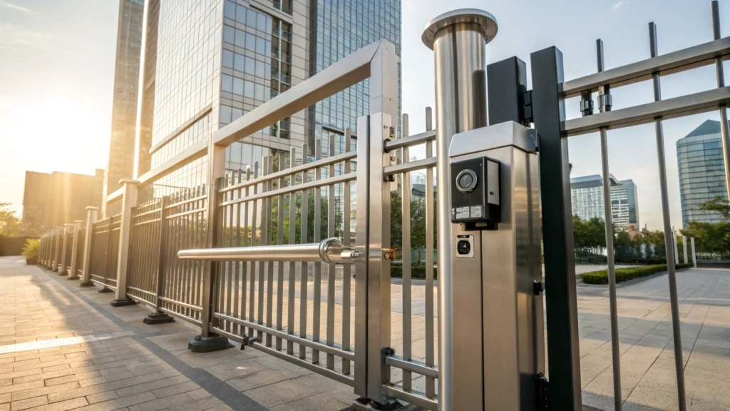 Close-up view of a commercial sliding gate with a security camera and access control system.