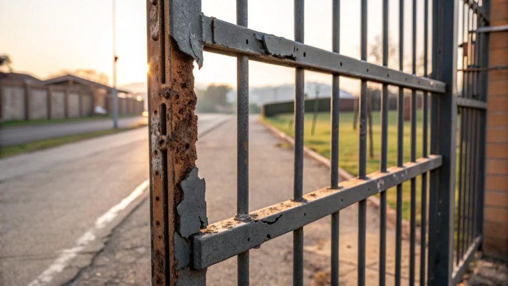 A close-up of a rusted metal gate showing broken welds and cracked paint.