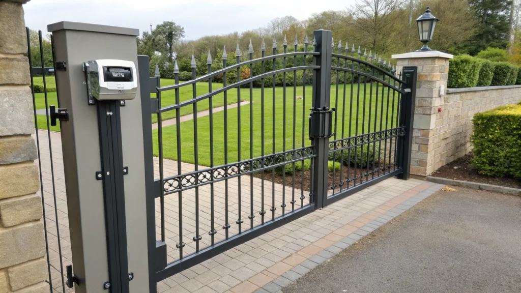 A view of a metallic swing gate made of aluminum with a magnetic lock.