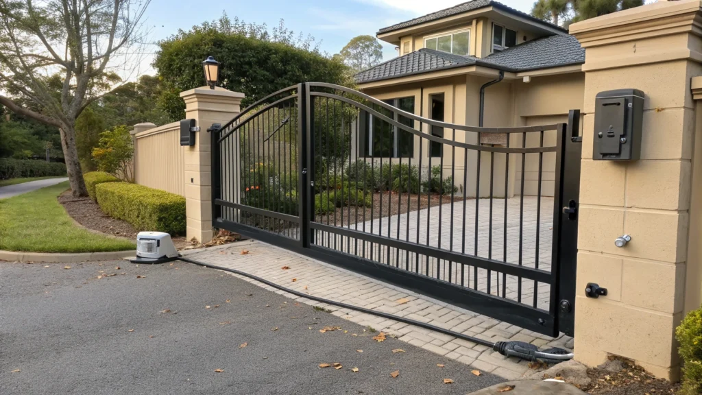 A misaligned automatic swing gate with uneven opening, likely caused by an improperly adjusted arm.