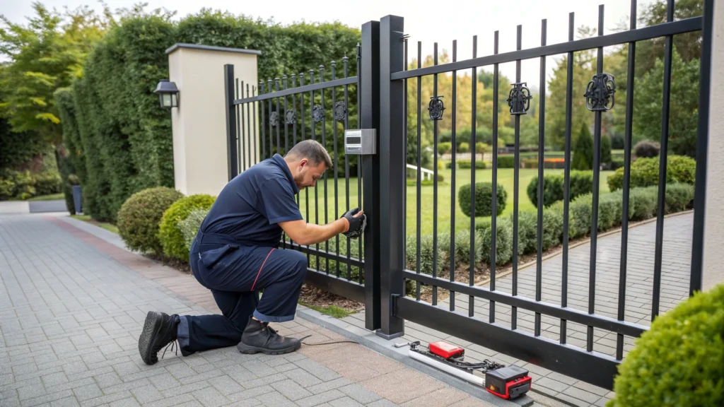 A technician performs maintenance on an automatic gate, checking and adjusting the mechanism.