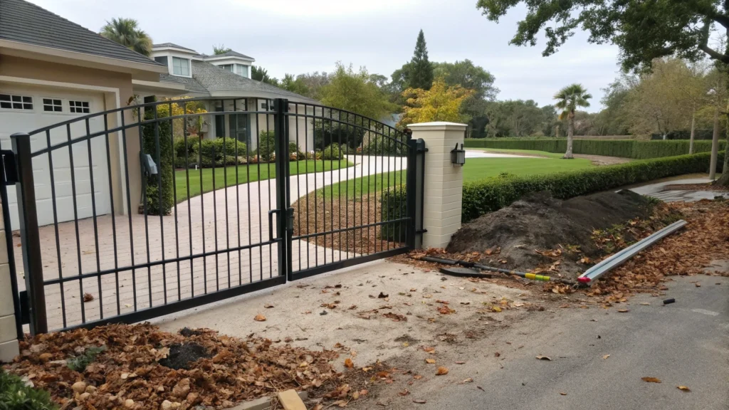 A residential sliding gate blocked by fallen leaves and dirt, preventing smooth operation.